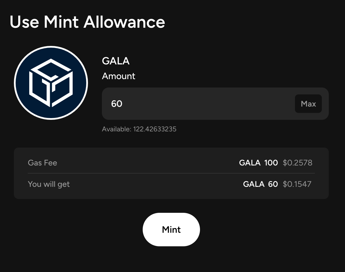 Gala Connect mint form with gas fee and amount fields